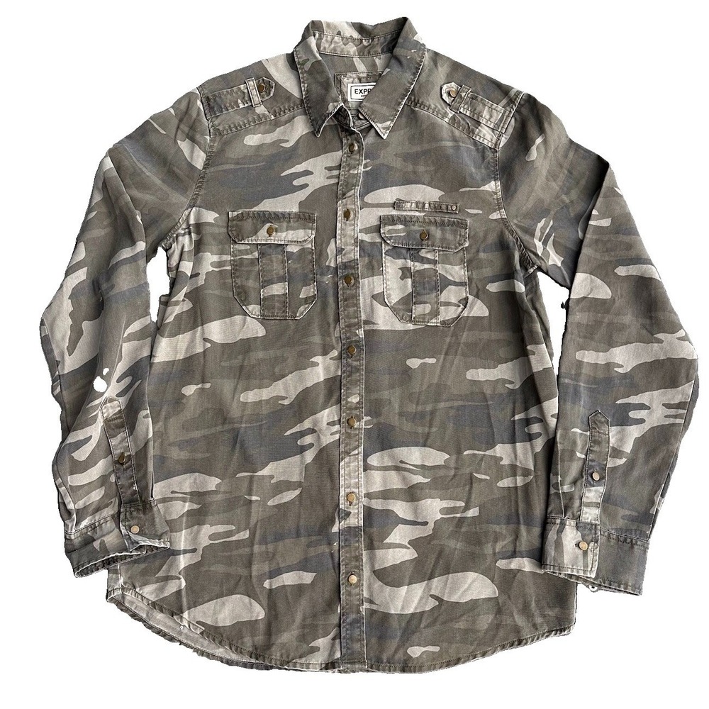 Express Boyfriend Womens Long Sleeve XS Green Camo Shirt, Collar/Button Front